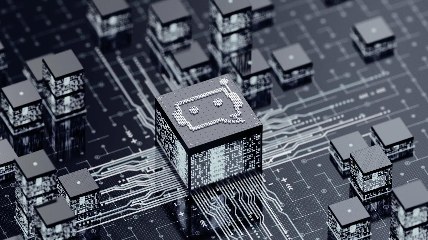 Prozessor auf einer Platine, vernetzt mit umliegenden Chip-Modulen — sinnbildlich für digitale Technologie im Betrieb.
